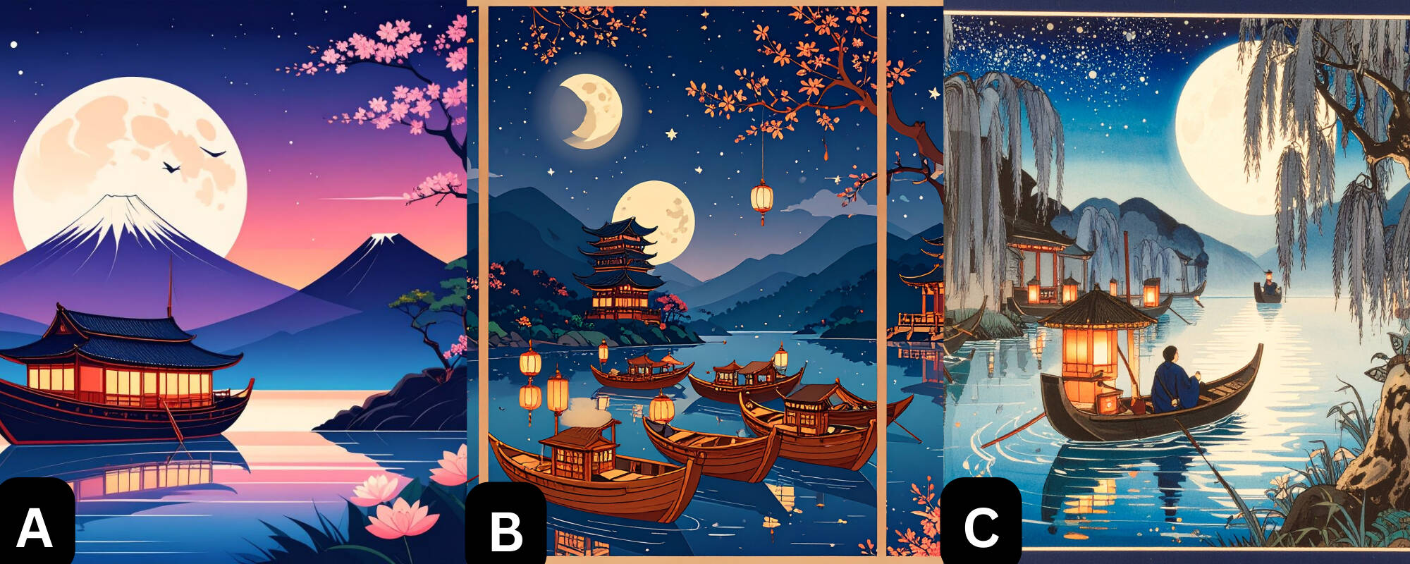 Three images created with different AI image generating programs. Each image is a different program's version of a Japanese water night scene with a boat.
